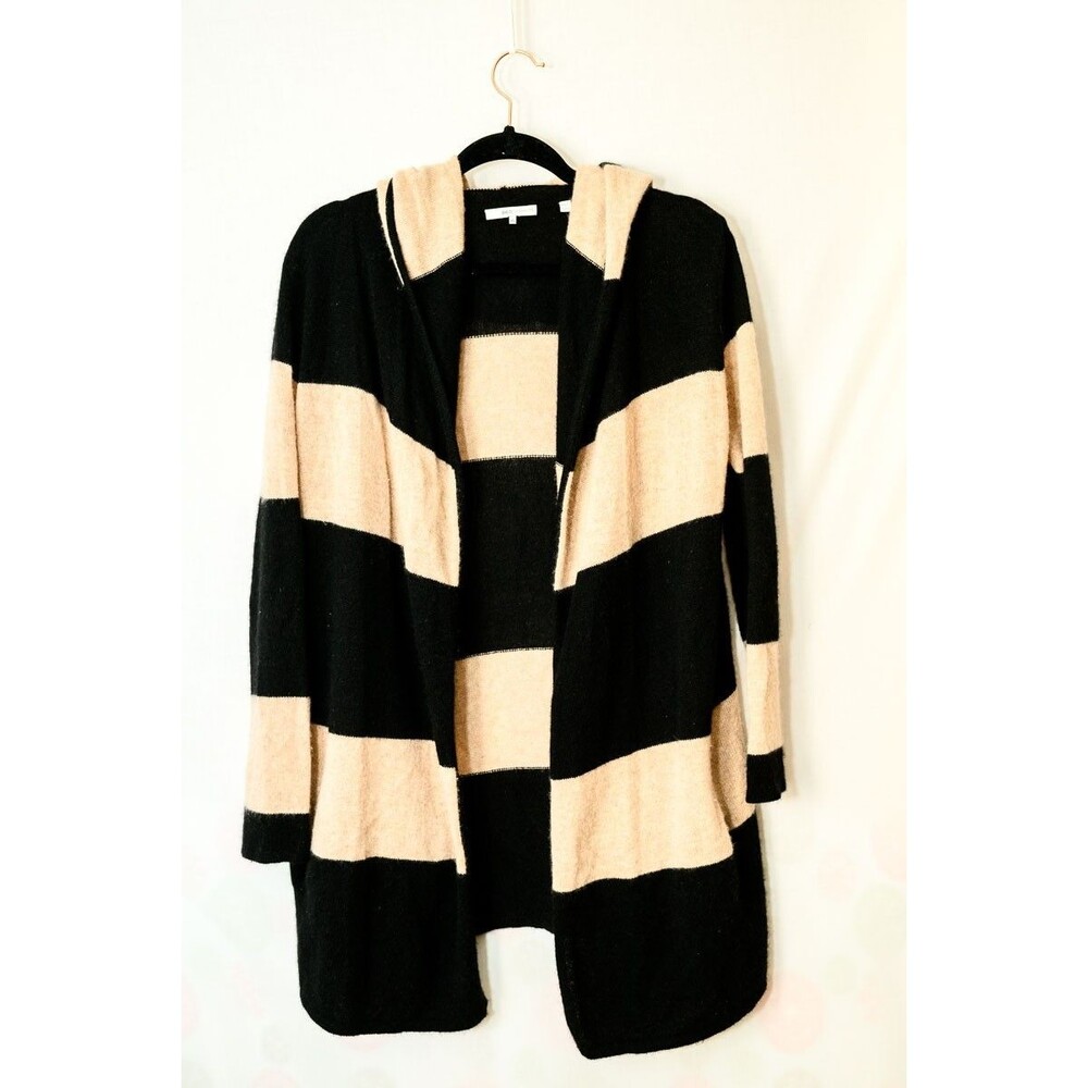 360 Cashmere open cardigan XS tan black stripe hooded hoodie